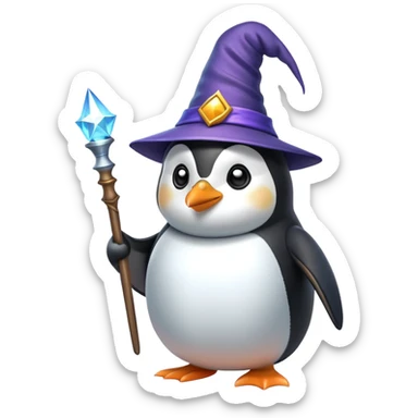 a penguin wearing a wizard hat and holding a magic wand sticker