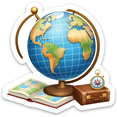 An icon featuring a hotel building, and a globe, symbolizing the scientific study of tourism and hospitality. The design includes a map, a compass, and a checklist, representing travel planning and service management. Transparent background highlights the academic exploration of the tourism industry sticker