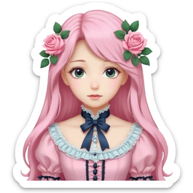 Gorgeous pastel anime lady with long hair and pink victorian style clothes and roses sticker