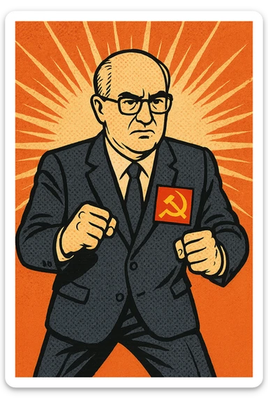 The full body of Soviet leader Yuri Andrapov looking determined with his fists out ready to fight. He has a large Communist flag badge on his chest sticker