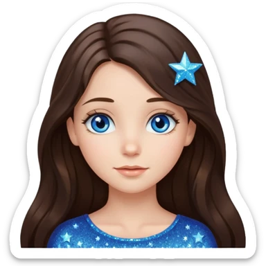 brunette long hair girl with blue eyes sparkling with love glitter and stars instead of eyes sticker
