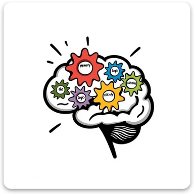 a brain with colorful gears inside, playful hand-drawn doodle style sticker