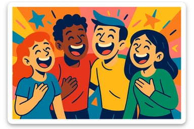 a group of friends laughing together, vibrant cartoon style, colorful, joyful, expressive faces sticker