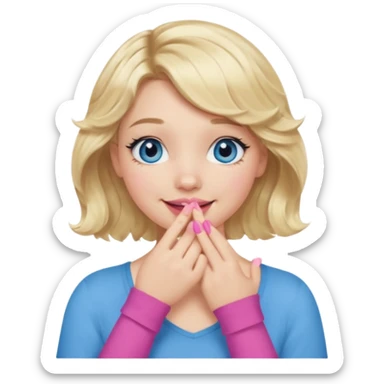 Girl Blonde short wavy hair,  blue eyes, cute blue top, long lashes, pink lips, smiling, hand covering the mouth sticker
