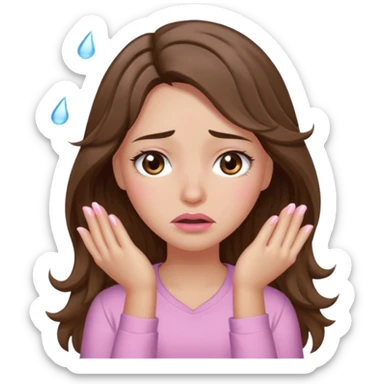 girl with wavy long brown hair, brown eyes, light to medium complexion, long lashes, light pink lipstick, wearing light pink shirt, weeping big big tears sticker