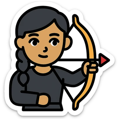 girl with olive skin, gray eyes, black hair in a side braid, wearing a black outfit, holding a bow and arrow sticker