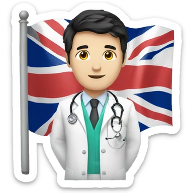 white male doctor with black hair holding the united kingdom flag sticker