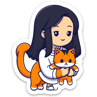 girl with long black hair holding an orange cat sticker