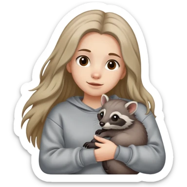 A long-haired girl with brown bleached hair is wearing a sweatshirt and holding a gray civet. sticker