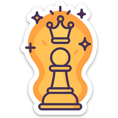 chess pawn with a glowing aura, morphing into a regal queen chess piece, elegant and bold, icon style sticker