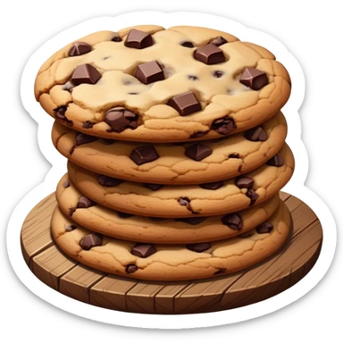 Cinematic crunchy chocolate chip cookies, freshly baked, golden-brown with gooey melted chocolate chunks, stacked on a rustic wooden plate, soft warm lighting, cozy and delicious. sticker