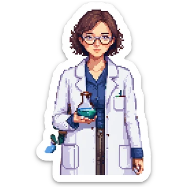 Flat pixel art, a female chemist, wearing glasses, white lab coat over indigo shirt, focusing on lab experiment, holding a flask in her right hand, waist-up, front-facing sticker