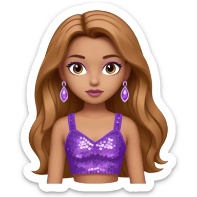 Yasmin from Bratz with long light brown hair, tan skin, brown eyes, lilac sequin crop top sticker
