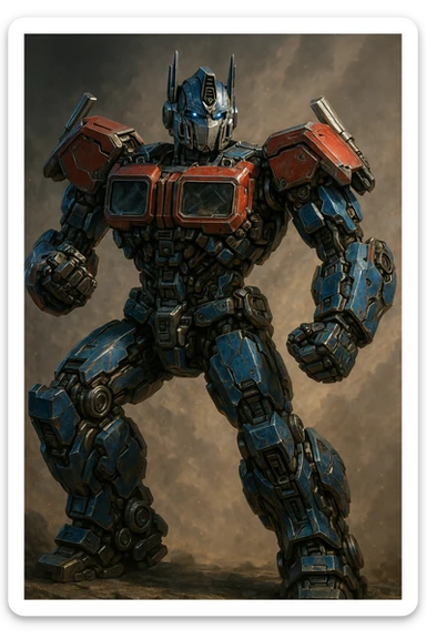 Optimus Prime, detailed robot, heroic pose, metallic blue and red, intricate mechanical details, dynamic lighting, no text sticker