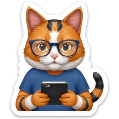 un gato de tres colores naranja, negro y blanco con gafas de leer con un celular en manos leyendo comentarios y que tenga una remera color azul oscuro que diga UOM sticker