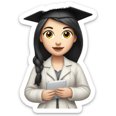 pale skin girl graduate student with middle length black hair,wearing graduate black cap, gray eyes, White classical jacket, blouse, Gray skirt holding a Macbook in the hands sticker