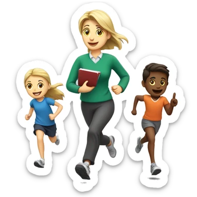 Teacher, running, with kids and compu sticker