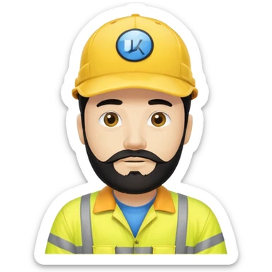 Man in yellow hi vis overalls, with black hair and full beard, wearing blue baseball cap saying UKPN sticker