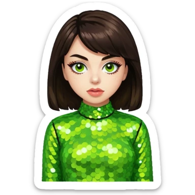 Charli XCX with dark brown hair, lime green sequin outfit sticker