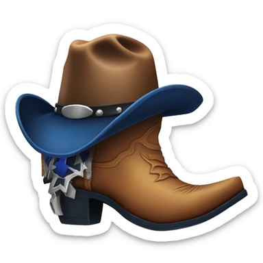 Rustic cowboy boot with spur and a dark blue cowboy hat on top sticker