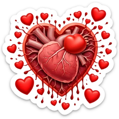 Glowing pieces of red meat and liver floating around a bright red heart and shining blood cells. Red energy streams connect the meats to the blood and heart, showing how heme iron creates vitality and supports circulation throughout the body. sticker