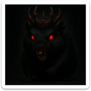 evil black guinea pig, red eyes, demon crown, sharp teeth, menacing pose, dark background sticker
