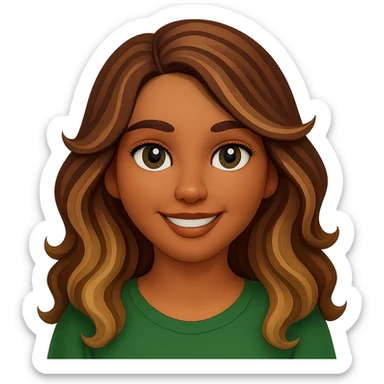 Make her eyes a little darker, give her a rounder face, and a soft smile. Keep the iPhone emoji style with long wavy hair with brown roots and blonde highlights, brown eyebrows, and summer tan. Maintain the transparent background. sticker
