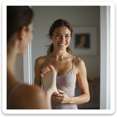realistic 4K woman in front of mirror putting on insole and smiling, reflection shows discomfort expression suggesting relief won't last sticker