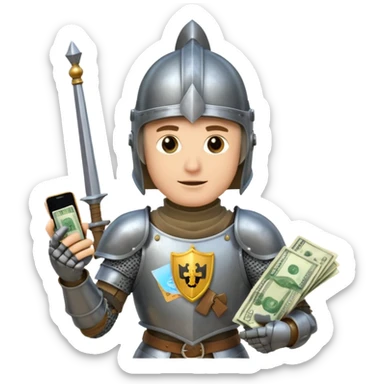 Knight with helmet holding phone and money sticker