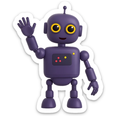 Make the friendly, pretty robot with expressive eyes wave. The original style is 3D emoji style with a shiny, fluent, plastic look. Keep the 3D emoji style look while making the robot wave and remove the background. sticker