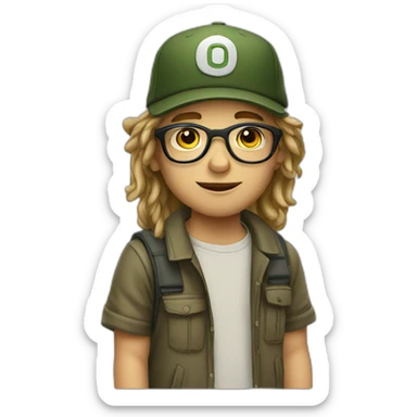 young boy with long hair and cap and Cargo smoke CBD pants and have glasses sticker