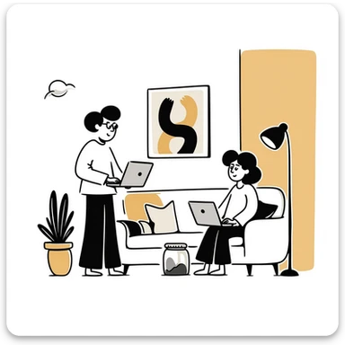 Flat illustration of a cozy mid-century living room with two people working on laptops, one man standing at a desk and one woman sitting on a couch, warm tones, two walls and floor visible sticker