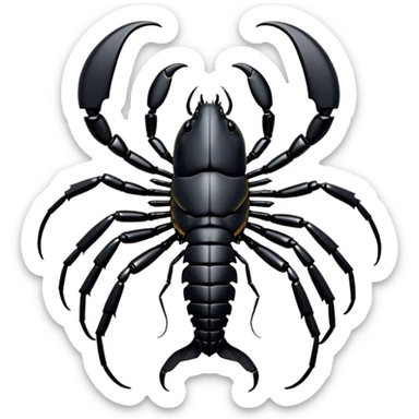 Cinematic Noble Emperor Scorpion Portrait Emoji, Poised and formidable, with a robust, armored build and a glossy, jet-black exoskeleton accented by striking, segmented pincers, deep-set piercing eyes, Simplified yet sharp and sophisticated features, highly detailed, glowing with a cool, dignified glow, high shine, intelligent and imposing, stylized with an air of ancient desert majesty, focused and attentive, soft glowing outline, capturing the essence of a watchful and commanding scorpion that feels as though it could silently creep out of the screen with effortless authority! sticker