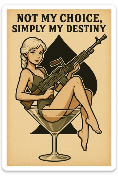 a retro military pinup " not my choice, simply my destiny "
; female figure young,gorgeous, white hair 1 braid, gold yellow eyes, sitting in a martini glass with a massive LMG in a swimsuit in front of a large 'spade' that frames the design sticker