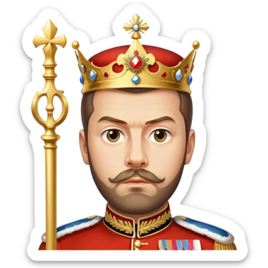 Russian tsar Nicholas II, royal uniform, scepter, crown, serious expression sticker