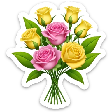 A mixed bouquet of four flowers, including pink roses and yellow lisianthus. sticker