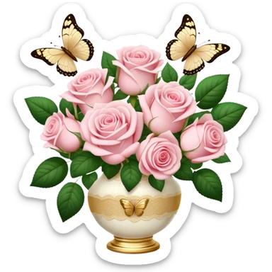Realistic aesthetic bouquet of soft pink roses in a porcelain vase with an ivory lace ribbon and a golden butterfly sticker
