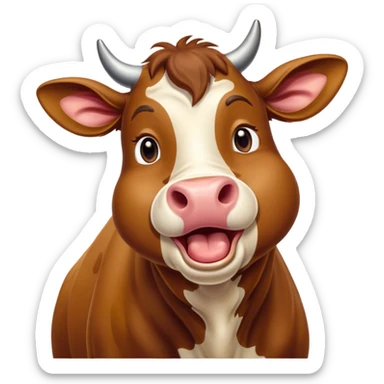 Cinematic Cute Yawning Brown Cow Portrait Emoji, Head tilted slightly with a dramatic, wide-open yawn, showcasing a smooth, rich brown hide with a subtle shine, floppy ears slightly drooping, round brown eyes barely open in drowsy contentment, Simplified yet irresistibly adorable features, highly detailed, glowing with a soft, cozy glow, high shine, relaxed yet expressive, stylized with a touch of pastoral whimsy, bright and endearing, soft glowing outline, capturing the essence of a sleepy yet affectionate cow, so drowsy it feels like it could amble right out of the screen and curl up for a nap! sticker