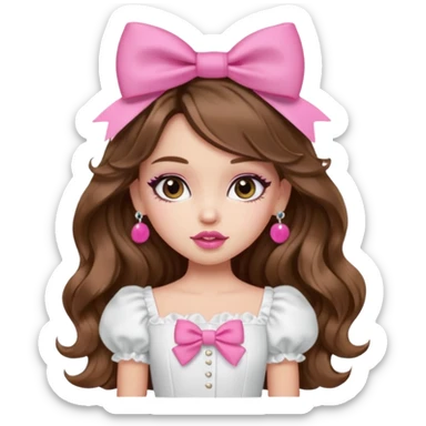 generate a pretty bratz girl in a white puff sleeve top. Pink lipgloss. Brown wavy hair long. Bow pink earrings sticker