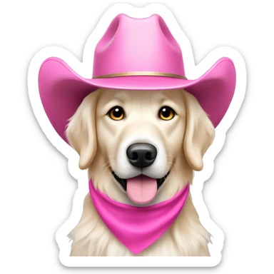 White golden retriever wearing pink cowboy hat sticker