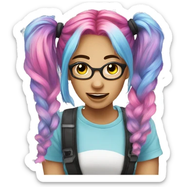 Rave girl pigtails rainbow hair sticker