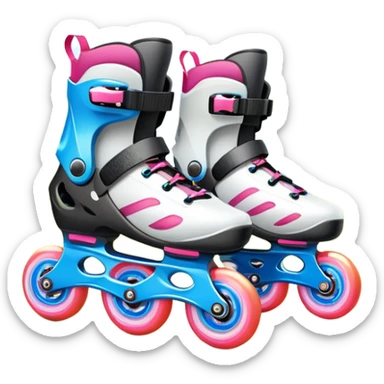 An icon featuring a pair of colorful rollerblades placed on a smooth path. The background showcases a picturesque park with lush greenery, blooming flowers, and a clear blue sky with soft clouds. The bright sunlight adds a cheerful touch to the scene. Transparent background sticker