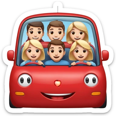 a small car with five people (mixed male and female) sitting inside, all leaning out of the car's side windows, five clear smiling faces, overall in Apple standard emoji style, characters with happy and cute expressions sticker