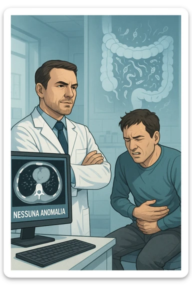 Medico in camice bianco in uno studio moderno, mentre osserva una TAC o ecografia su uno schermo con espressione convinta. Accanto a lui, un paziente seduto che lamenta dolori intestinali. Sullo sfondo, un’immagine traslucida dell’intestino pieno di piccoli parassiti stilizzati (vermi, protozoi), non visibili nel monitor medico. Il monitor mostra 'nessuna anomalia', ma dietro c’è la realtà invisibile. Atmosfera clinica ma con contrasto simbolico tra 'ciò che si vede' e 'ciò che sfugge'. Colori freddi, luce ospedaliera in italiano sticker