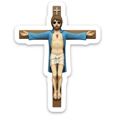 Crucified Liam Gallagher in the style of Jesus full body on cross in mid clothing sticker