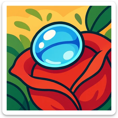 a stylized dew drop on a rose petal, vibrant colors, cartoon style sticker
