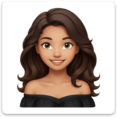 modern clean emoji of a young woman with medium skin tone, long wavy dark brown hair, wearing a black off-shoulder top, smiling softly, expressive eyes, hint of warmth, contemporary and inviting style, soft gradient background sticker