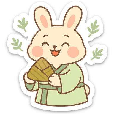 a small rabbit wearing light green Hanfu, holding a light brown zongzi, smiling with eyes closed, with faint mugwort leaves floating in the background, Chinese style, soft color tones, pastel-toon style sticker