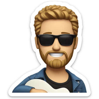 A white man with a beard in black sunglasses, red shirt and blue jeans playing electric guitar sticker