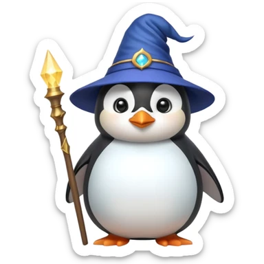 cute chubby penguin with a wizard hat and a glowing wand looking wise and magical sticker